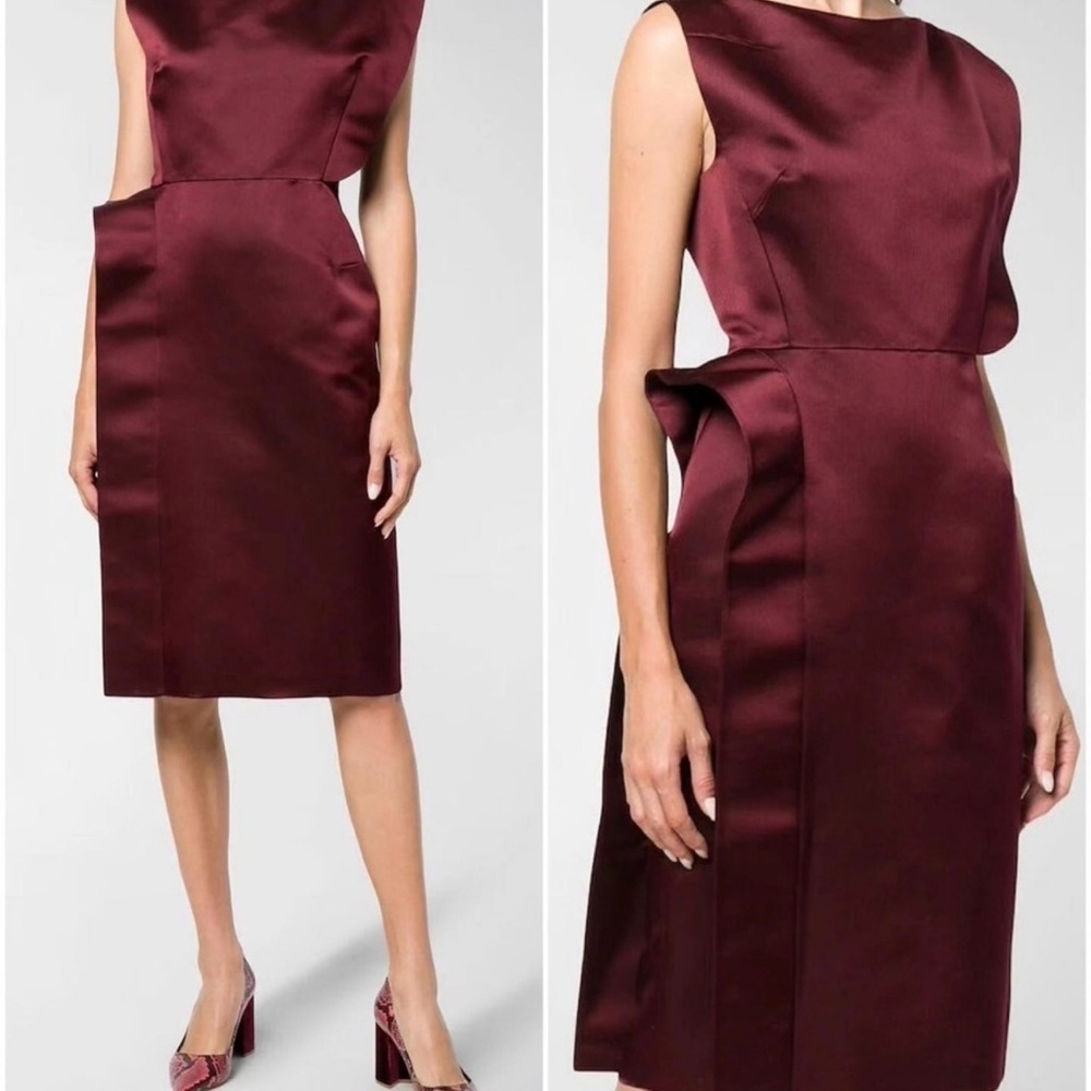 LANVIN Elegant Burgundy pinstriped structured asymmetrical Dress size 34FR NEW